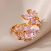 Eheringe rosa Zirkonbaumblatt für Frauen Luxus Glanz Edelstahl Ring Elegant Romantische Paar Band Schmuck Anillos Anillos