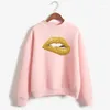 Women's Hoodies glanzende gouden lippen Print vrouwen sweatshirt zoete Koreaanse o-neck gebreide pullover dikke herfst winter snoepkleur losse dame