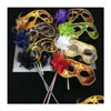 Party Masks For Adts Gold Cloth Coated Flower Side Venetian Masquerade Decorations Mask On Stick Carnival Halloween Drop Delivery Ho Dhhp7