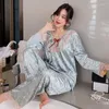 Dames Sleepwear V Hals Lange mouwen Lace Edge Bow Shirt Pant Pyjama Sets Slaappak Golden Velvet Women 2pcs Lounge Huiskleding