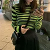 Women's Sweaters Green Stripped Sweater Knitted Crop Top And Blue Vintage Women Striped Ribbed Jumper Fitted Sleeve Pullover Kawaii