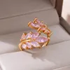 Eheringe rosa Zirkonbaumblatt für Frauen Luxus Glanz Edelstahl Ring Elegant Romantische Paar Band Schmuck Anillos Anillos