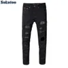 Sokotoo hommes mince maigre cristal strass patchwork déchiré jean mode patch noir stretch denim pantalon 2485