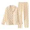 Women's Sleepwear Autumn Cotton Pajamas Crepe Thin Long Sleeve Turn-down Collar Sleep Top Gauze Trouser Suits Household Wear 2 Pieces Set