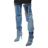 Boots Washed Blue Denim Long Pointed High Heel Pocket Splice Rivet Knee Big Size 43 230823