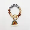 Bracelet de perles de poignet en acrylique, porte-clés de perles colorées, pompon arc-en-ciel, pendentif de voiture, cadeau