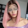 Ombre rosa bob peruca reta frente do laço perucas de cabelo humano para as mulheres curto bob peruca de renda transparente nós descorados pré arrancados