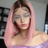 Ombre Pink Bob парик прямые кружевные парики для волос для женщин для женщин короткие бобы прозрачные кружевные парик