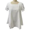 T-shirt de cor sólida feminina, elegante camiseta de renda bordada de renda de renda tee de verão colar com mangas curtas para mulheres