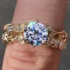 Cluster Rings Solid 14K Yellow Gold Women Ring Moissanite Diamonds 1 2 3 4 Round Flower Leaf Wedding Party Engagement Anniversary