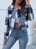 Women's Jackets JIM & NORA Winter Plaid Shirts Blouses Retro Lapel Loose Slim Casual Cropped Jacket Lady Cardigan Long Sleeve Outerwear