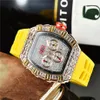 Top Luxury Watch Men's Womens Iced Out Watches Yellow Rubber Full Function Calendar Wristwatches Montre Femme265a