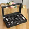 Caja de reloj de carbono con 12 ranuras de polipiel, diseño de fibra, soporte de almacenamiento para exhibición de joyas, bobinadora, caja de relojes grande negra saat kutusu12599