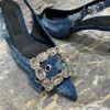 Patchwork Denim Slingbacks Dress shoes Pumps Crystal Embellished Jeans Pointed Toe sandals Stiletto heel women's Luxury Designers Evening shoes factory footwear