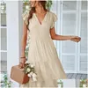 Podstawowe sukienki swobodne Summer boho sukienka moda v szyja czarne różowe falbany midi eleganckie imprezę plażową dla kobiet szatę femme 220613 D DHJ0L