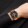 腕時計の腕時計デュアルディスプレイ防水クォーツ本革双子脚本デジタルLEDクロック男性レロジオデュアルディスプレイ