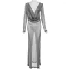 Casual Dresses Elegant Y2K Sexy Club Deep V Sheer Backless Bodycone Women Long Sleeve See Though Midi Grey Evening Dinner Dress