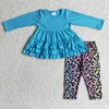 Kläderuppsättningar GLP0333 Girl Long Sleeve Blue Multi Ruffles Top Match Colorful Leopard Leggings Fall Outfit 230823