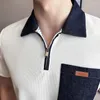 Herrpolos senaste våffla kort ärm halv zip polo skjorta sommarficka trim lapptäcke denim färg slim-fit mode tees