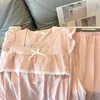 Damska odzież sutowa różowa piżama z klatką piersiową sprężyna i jesienne bawełniane spodnie z długim rękawem garnitur Koreańskie słodkie koronkowe ubrania na zewnątrz noszenia
