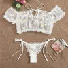 Sexy conjunto de roupa interior feminina renda floral fio livre lingerie offshoulder pequeno peito bralettethong beachwear sutiã transparente 230824