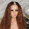 Kinky Curly Ombre Golden Brown Afo Black Women Human Hair Wigs 1x4 U Shaped/V Part Opening Glueless Adjustable Wigs Full End