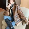 Kvinnor läder vintage tjock varm faux pu shearling jacka kvinnor höst vinter långärmad rock ytterkläder chaqueta mujer