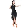 Ropa de escenario Danza deslumbrante Salsa Samba Ropa para mujeres Flecos de cuello alto Vestidos latinos Sin mangas Vestido largo irregular con collar