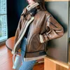 Women's Leather Vintage Thick Warm Faux PU Shearling Jacket Women Autumn Winter Long Sleeve Coat Outerwear Chaqueta Mujer