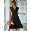 Grundläggande avslappnade klänningar sommar Boho klänning mode v hals svartrosa ruffles midi es elegant strandfest för kvinnor robe femme 220613 d dhj0l