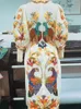 Grundläggande casual klänningar fåglar tryckt lykta ärm Dres bälten Oneck Split Holiday Flower Beach Dress Kvinnlig Summer Färgglad lång Aline Robe 230823