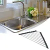 Triangle Dish Drying Rack For Sink Corner Roll Up Caddy Sponge Holder Foldable Stainless Steel Dish Drainer Kitchen Accessories HKD230810