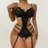 Conjunto Sexy Lingerie Erótica Mulheres Push Up Bra Garter Lace Backless Straps Transparente Conjuntos de Roupa Interior Plus Size 230824