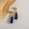 Brincos de bronzeamento lapis azul lazuli lazuli gota feminino de nicho francês de nicho francês elegante pingente clássico clássico tache de ouvido