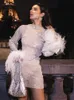 Basic Casual Dresses Sexy Shinny Sequins Mesh Feathers Tassel Mini Dresse See Through Long Sleeve s Dress 2023 Club Party Vestidos 230823