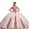 Золото с блестками розовые кружевные платья Quinceanera Ball Gown Pufpy Off Plouds Sequint