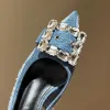 Patchwork Denim Slingbacks Dress shoes Pumps Crystal Embellished Jeans Pointed Toe sandals Stiletto heel women's Luxury Designers Evening shoes factory footwear