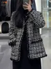 Women's Jackets Elegant Plus Size S-4xl Tweed Plaid Jackets Korean Fashion O-neck Single Breasted Big Pocket Coats Streetwear Women Casual Tops 230823