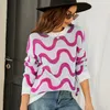 Suéteres de mujer Contraste Color Mujeres Línea ondulada suelta Manga larga Jersey Soft Prendas de punto Mujer Otoño Invierno Cálido Ropa de lana