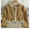 Women's Jackets 2023 Mesh Ruched Short Cardigan Women Winter Beading Slim Fit Long Sleeve Woolen Fabric Coat Korean Style Solid Tops