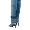 Boots Washed Blue Denim Long Pointed High Heel Pocket Splice Rivet Knee Big Size 43 230823