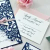 Invitations de mariage découpées au Laser à trois volets roses, cartes d'invitation de mariage de poche scintillantes en perles, bordeaux avec BeltZZ