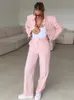 Dwuczęściowe spodnie damskie Pink Cropped Blazer Kurtka Długie spodnie dla kobiet letni kombinezon kieszonkowy proste spodnie Baddie Zestawy zestawów żeńskich eleganckich strojów 230824
