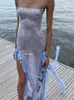 Basic lässige Kleider sexy Pailletten Rüschen geteilt unregelmäßige schlanke Dres modisch ärmelloses Rückenless Blue Blue Vestidos Elegant Party Robe 2023 230823