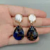 Stud Earrings KKGEM 18x25mm Blue Sea Sediment Jasper Drop White Coin Pearl Women Stones Jewelry