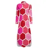 Abiti casual abiti rosa Retro Mod Abito esagonale Honeycomb coreano manica lunga donna carina donna vccino design di grande chiffon di grandi dimensioni
