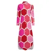 Casual Dresses Pink Retro Mod Dress Hexagon Honeycomb Korean Fashion Long Sleeve Cute Women V Neck Design Big Size Chiffon