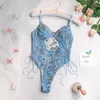 Women's Shapers Unlined Lace Butterfly Emboridery Bodysuit Lingerie Strappy See Through Slim Fit Bodysuits Push Up Underwear For Ladies