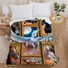 Dekens Horse Painting Art 3D Print Plush Flanel Throw Deken Vintage Bedding Square Picknick Bed Super zacht lichtgewicht King Size R230824