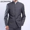 Mens Gray Tunic Suit Jacket Mandarin Collar Single Breasted Chinese Traditional Style Stand Collar Coat320p